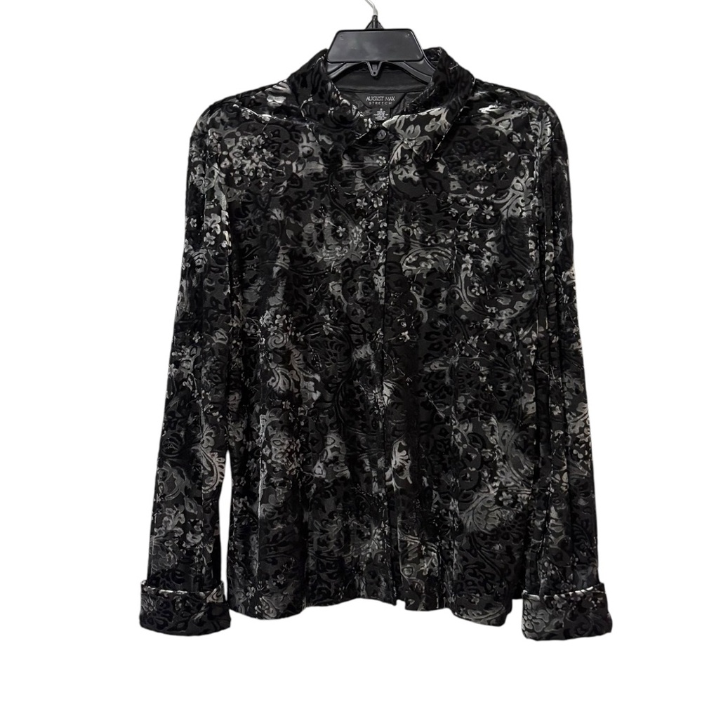August Max Black Gray Velvet‎ Burnout Button Up Shirt Size 2 Classic Neutral